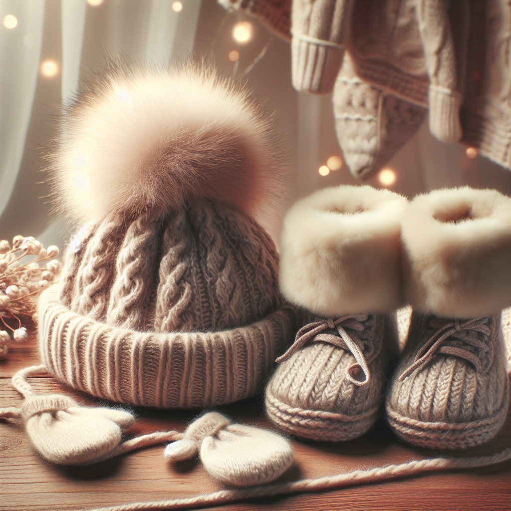 Accessoires d'hiver pour bébé comprenant un bonnet en laine, des moufles avec cordons, des chaussettes épaisses et des chaussures fourrées.