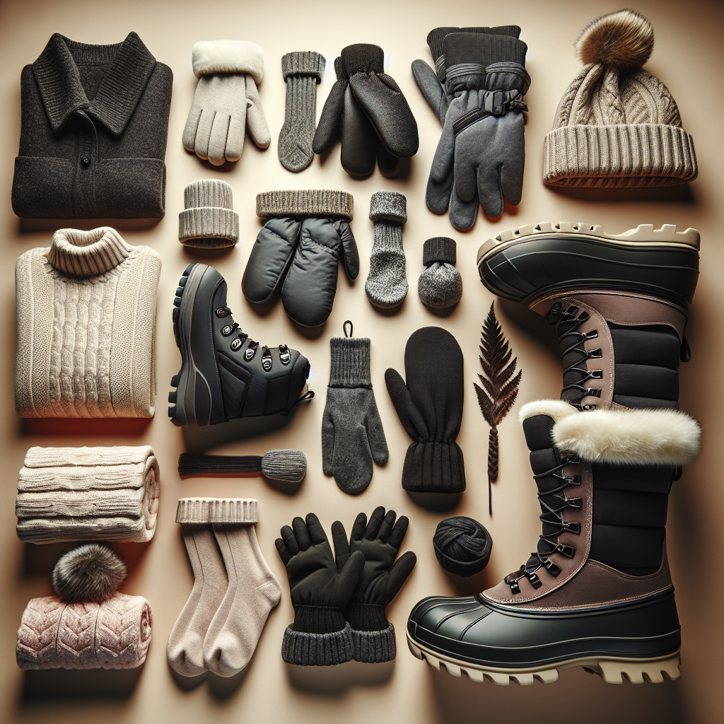 Collection d'accessoires d'hiver incluant des gants, moufles, bonnet couvrant les oreilles, tour de cou, chaussettes épaisses et bottes de neige imperméables.