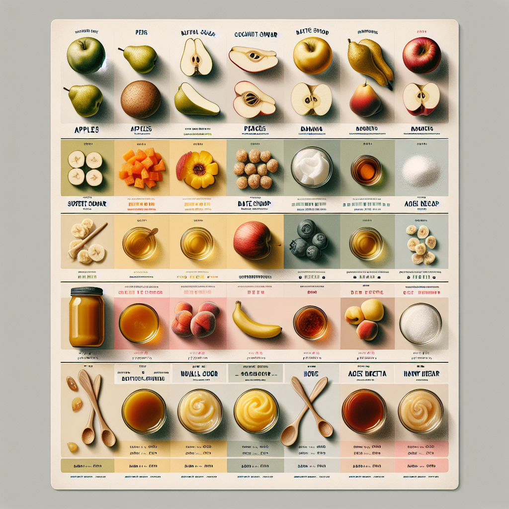 Tableau des alternatives sucrées pour bébé avec différents types de fruits et d'édulcorants naturels, excluant le miel.