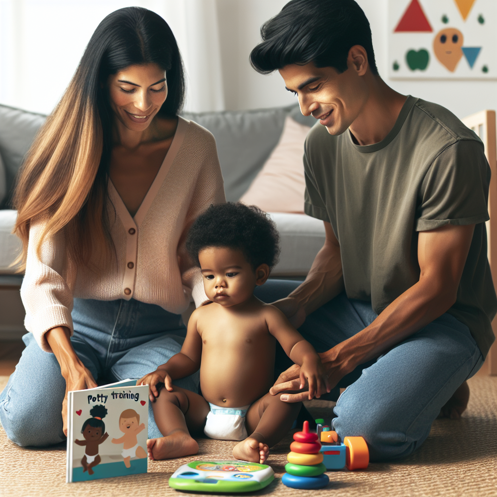 Parents aidant leur enfant à apprendre à utiliser le pot, dans une scène chaleureuse et éducative avec des jouets et un livre.