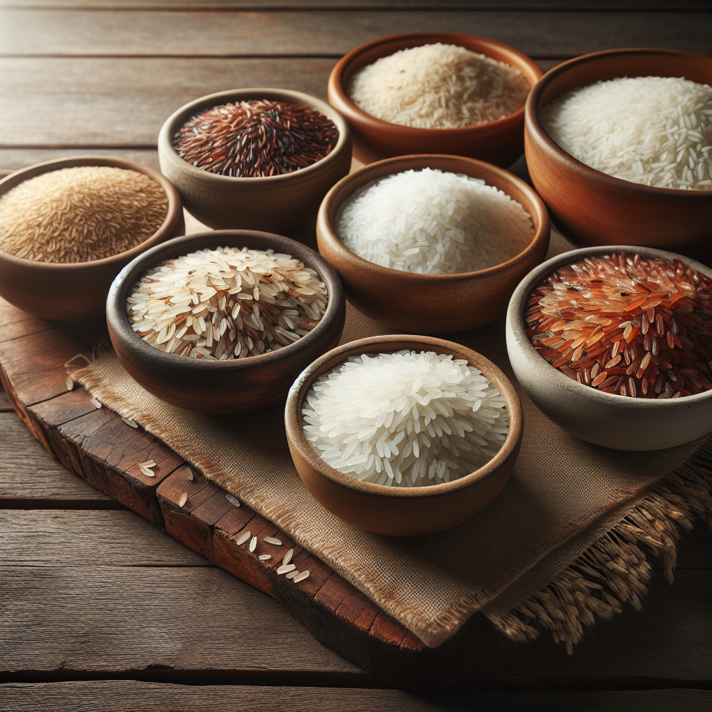 Un assortiment de différents types de riz, dont du riz blanc, du riz brun et du riz gluant, disposés dans des bols séparés sur une table en bois.