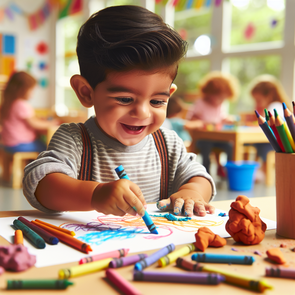 Un bébé participant à des ateliers créatifs, faisant de la peinture et du dessin avec des crayons sur du papier, et créant des formes en pâte à sel dans un environnement ludique et éducatif.