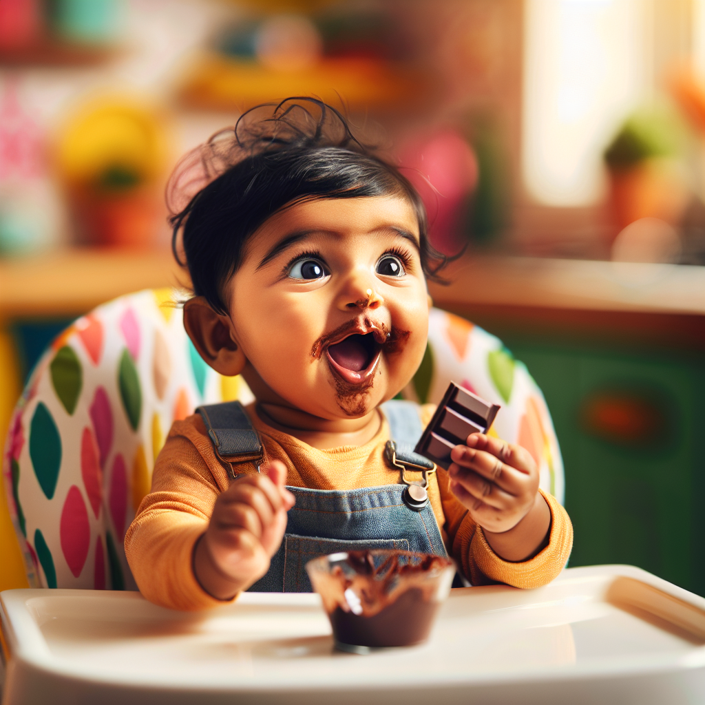 Un bébé heureux assis dans une chaise haute goûtant un petit morceau de chocolat noir pour la première fois.