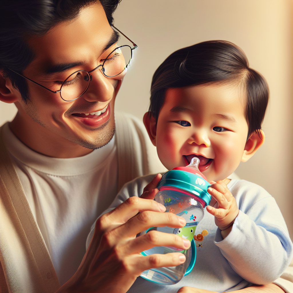 Un bébé de plus de six mois boit de l'eau à partir d'une tasse ou d'un verre, avec un soignant qui l'encourage doucement et lui apprend. Le bébé semble content et heureux en buvant de petites quantités d'eau.