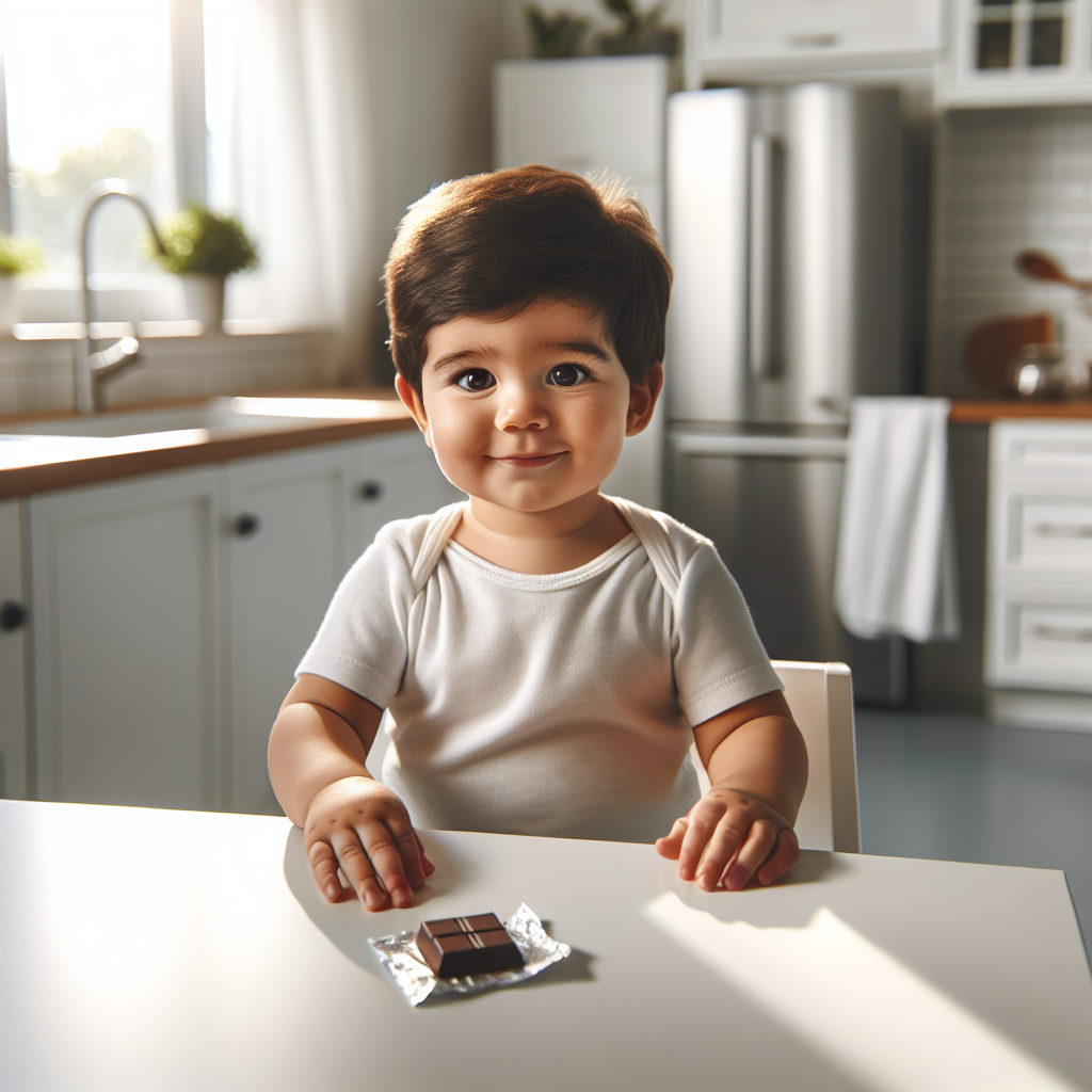 Un bébé de un an assis à une table avec un petit morceau de chocolat noir en arrière-plan, dans une cuisine claire et propre. Le bébé a l'air heureux et curieux.