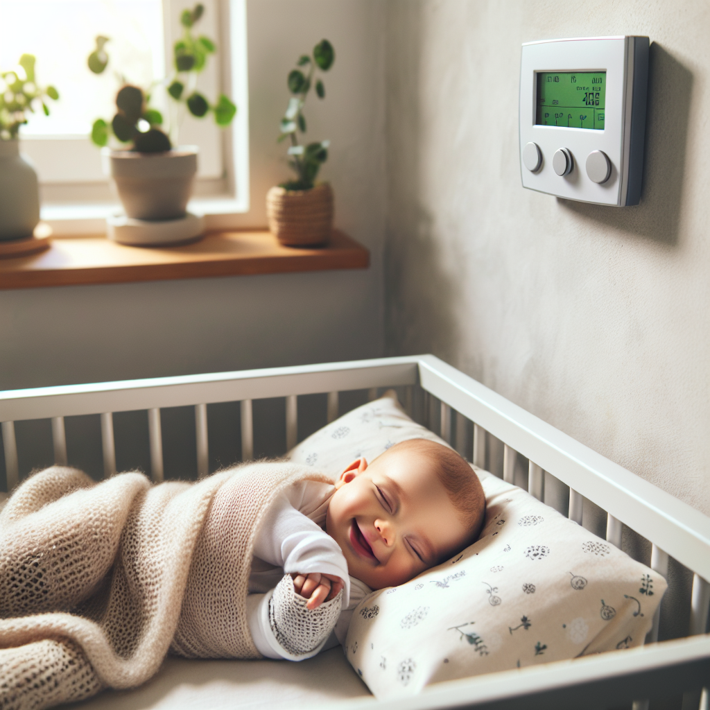 Un bébé heureux dormant paisiblement dans un berceau, enveloppé dans une couverture douillette dans une chambre bien éclairée, avec un thermomètre au mur montrant la température idéale.