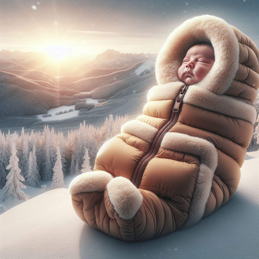 Un nouveau-né habillé chaudement en hiver, portant plusieurs couches de vêtements, une combinaison douce et isolante, et enveloppé dans un nid d'ange avec capuchon. Le bébé est prêt à sortir, entouré d'un décor enneigé.