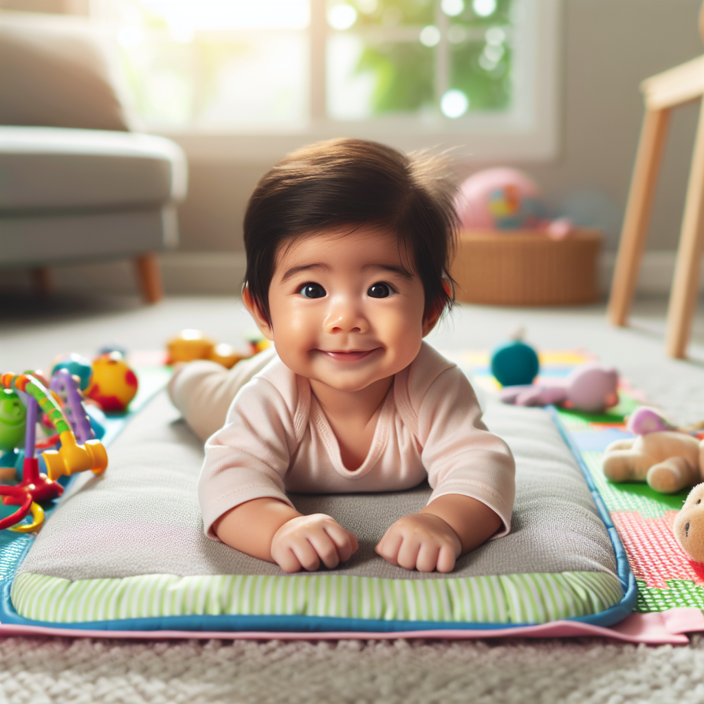 Un bébé heureux, éveillé et allongé sur le ventre sur un tapis de jeu coloré avec des jouets autour, dans une pièce lumineuse et confortable, après une sieste ou un biberon.