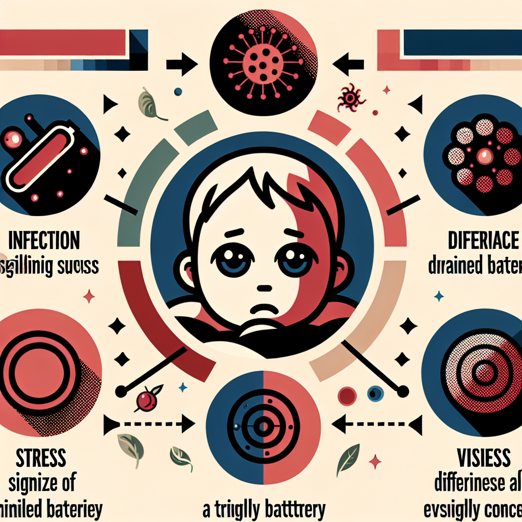 Un bébé ayant mal à la tête, avec des éléments visuels légers indiquant les causes possibles comme les infections, la fatigue, le stress et les problèmes de vue. Il n'y a pas de texte.