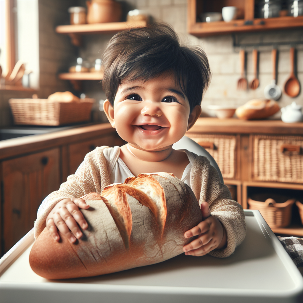 Un bébé mangeant joyeusement un morceau de pain dans une cuisine confortable.