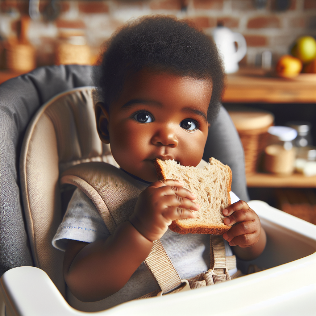 Un bébé mâchouillant un morceau de pain dur assis dans une chaise haute, dans une cuisine familiale chaleureuse