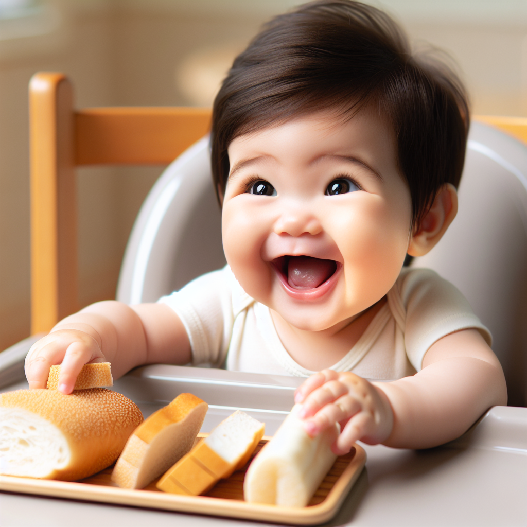 Un bébé heureux assis sur une chaise haute avec plusieurs morceaux de pain devant lui, souriant et essayant de saisir ou de manger le pain.