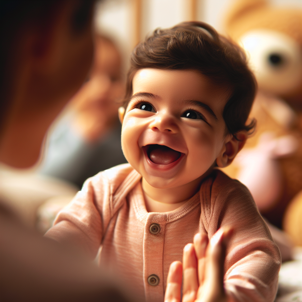 Un bébé souriant en réaction à l'appel de son prénom par ses parents.