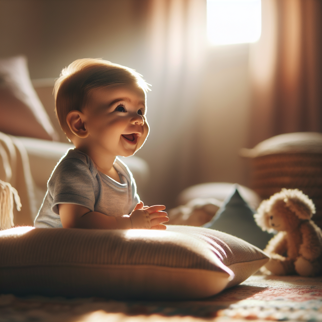 Un bébé tournant la tête vers le son de son prénom, montrant une réaction de curiosité et souriant.