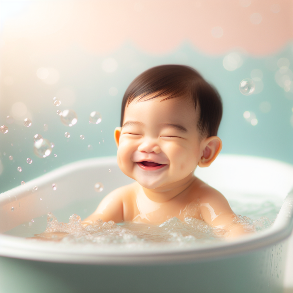 Bébé calme prenant un bain dans une petite baignoire, avec éclairage doux et couleurs pastel en arrière-plan.