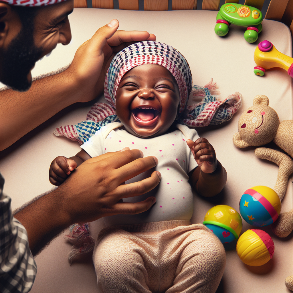 Un bébé de trois à quatre mois rit aux éclats, dans un environnement sûr et confortable, peut-être avec un parent jouant au coucou-caché ou avec des jouets autour.