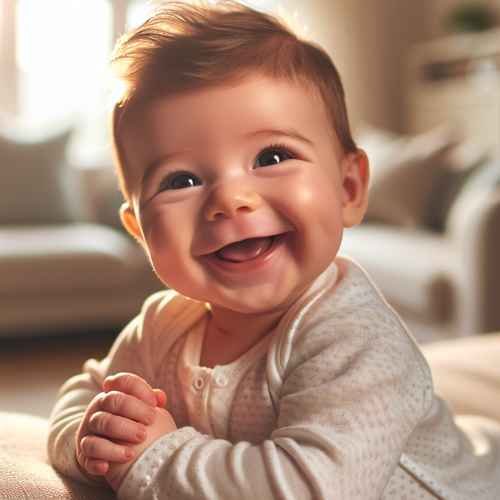 Un bébé souriant d'environ 5 mois qui tourne la tête en réponse à quelqu'un l'appelant par son prénom.