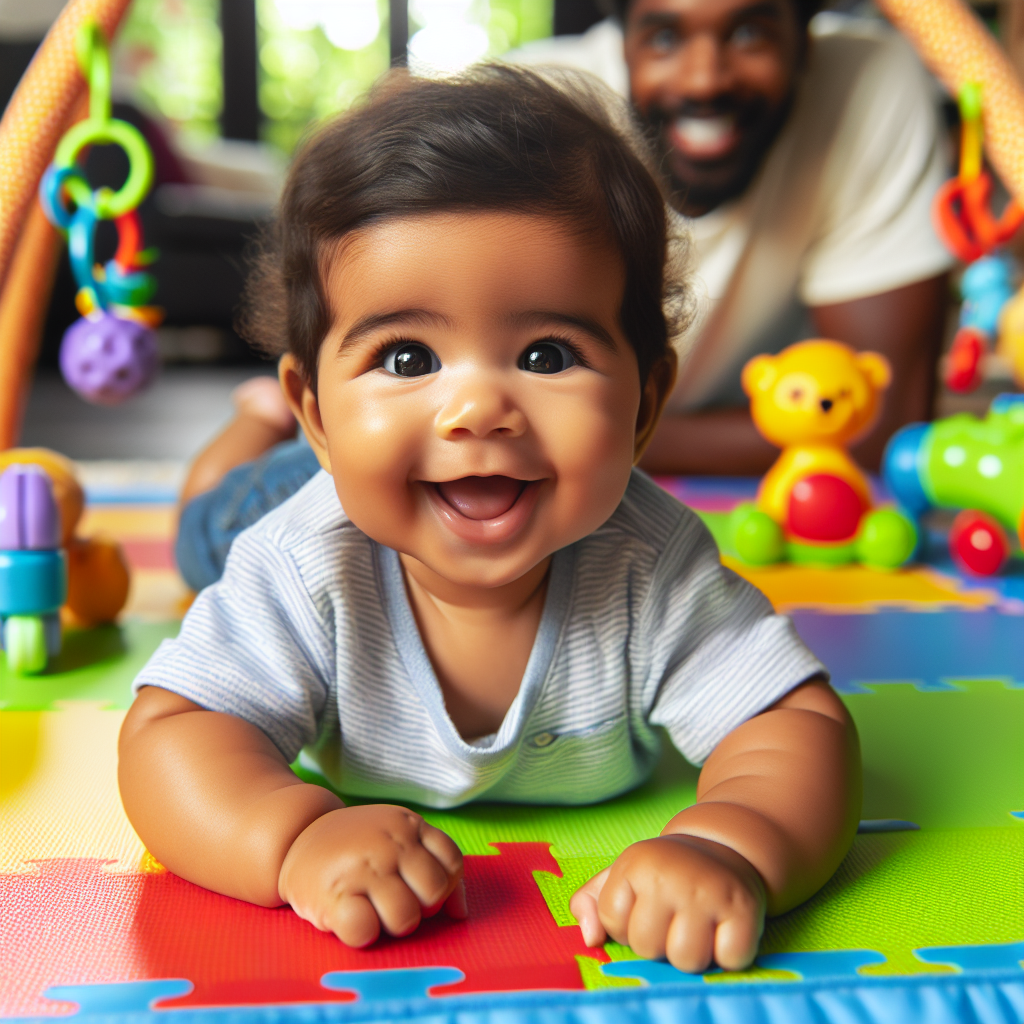 Bébé allongé sur le ventre sur un tapis de jeu coloré, levant joyeusement la tête sous la supervision d'un parent