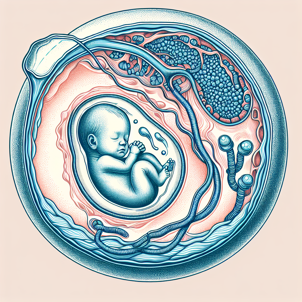 Illustration d'un bébé dans le ventre relié au placenta par le cordon ombilical, entouré de liquide amniotique.