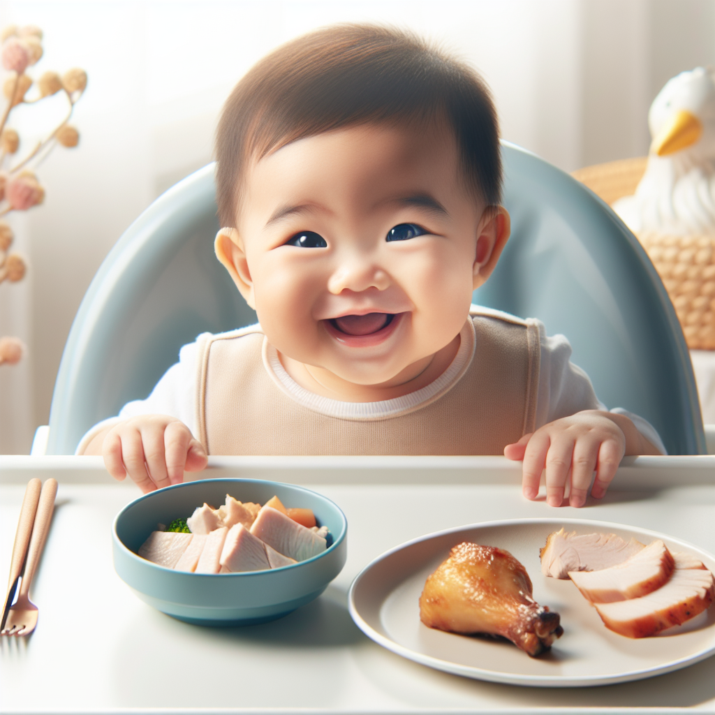 Un bébé heureux assis sur une chaise haute avec une assiette de morceaux de poulet cuits, de tranches de dinde et de morceaux de veau.