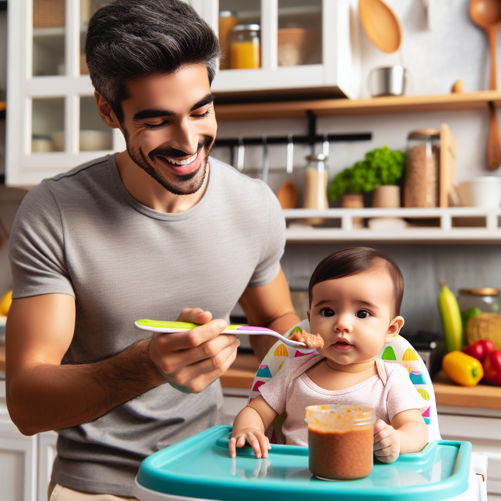 Un bébé de six mois mange une petite portion de purée de viande, encouragé par un parent avec une cuisine en arrière-plan remplie d'ingrédients frais.