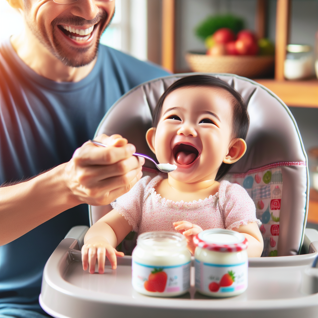 Un bébé heureux d'environ 6 mois assis dans une chaise haute, nourri d'une cuillère de yaourt par un parent souriant. Quelques pots de yaourt sont posés sur la table.