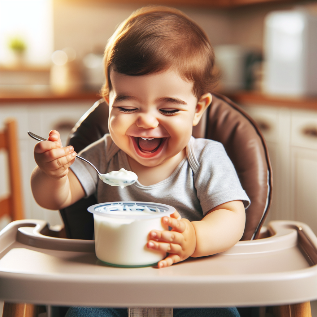 Un bébé heureux assis dans une chaise haute mangeant du yaourt nature avec une cuillère, en arrière-plan une cuisine chaleureuse.