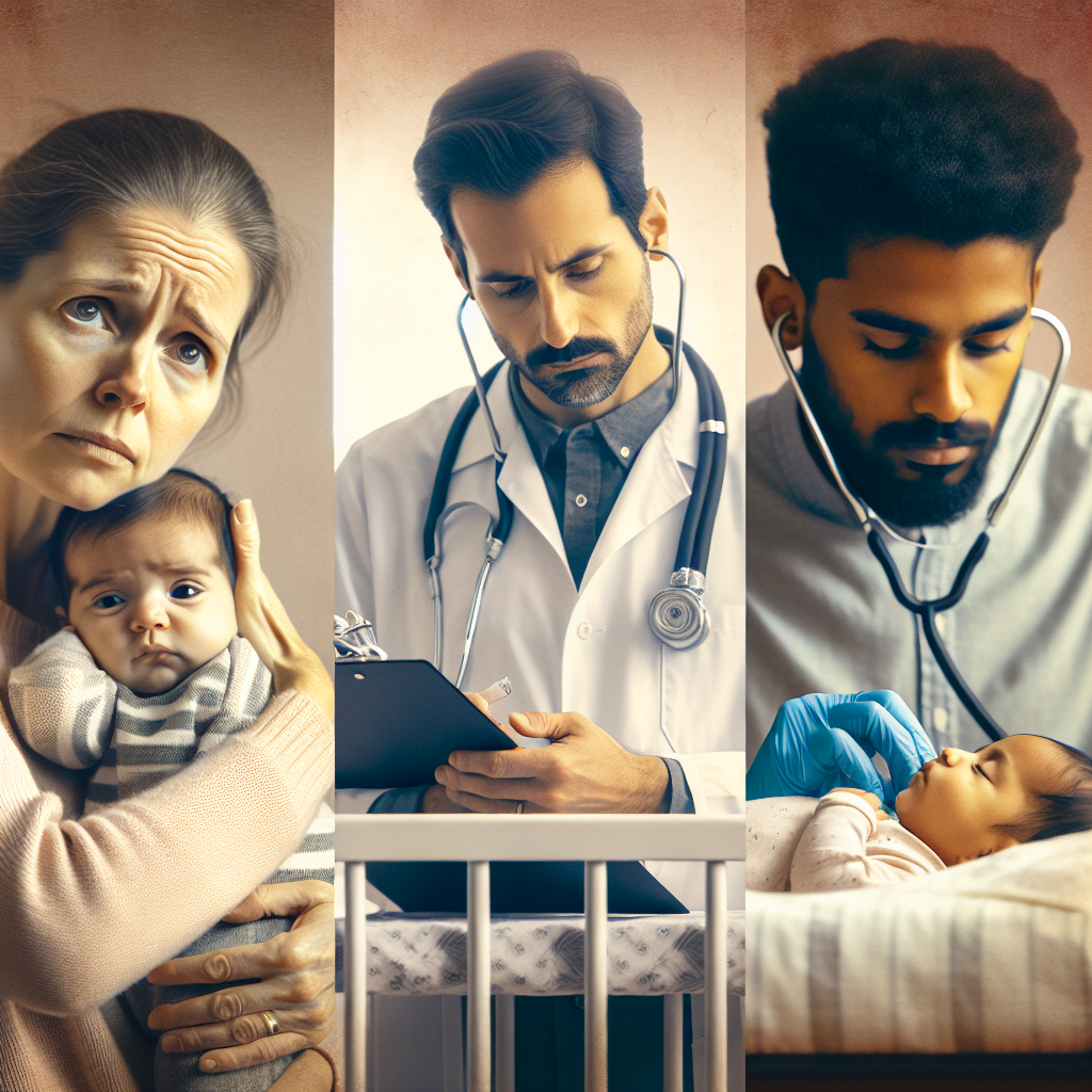 Un parent inquiet tenant un bébé avec une expression préoccupée, un médecin examinant un bébé avec des outils médicaux, et un bébé dormant paisiblement dans un berceau avec un parent vigilant à proximité.