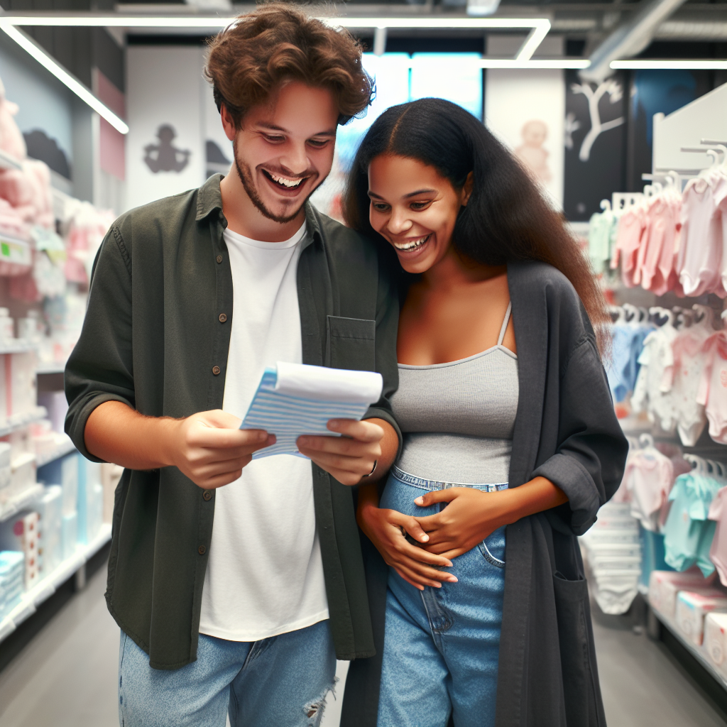 Un couple heureux achetant des articles pour bébé dans un magasin, vérifiant une liste et regardant des vêtements et accessoires pour bébé.