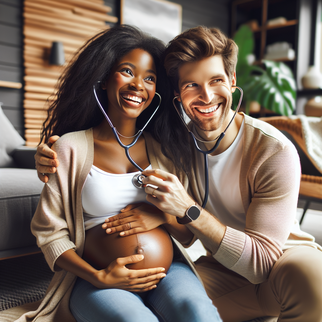 Couple utilisant un stéthoscope pour écouter le cœur de leur bébé chez eux