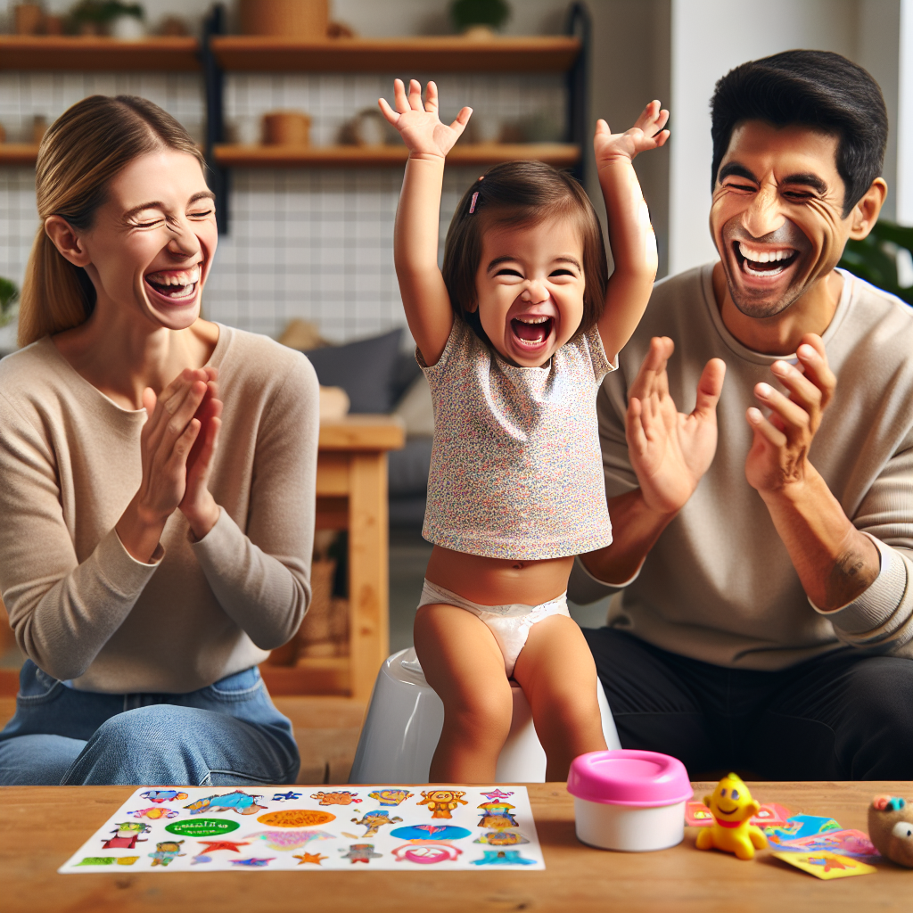 Un enfant heureux est félicité par un parent pour avoir utilisé le pot avec succès. Le parent applaudit et sourit. Des autocollants colorés et des petites récompenses comme des jouets sont visibles à côté.