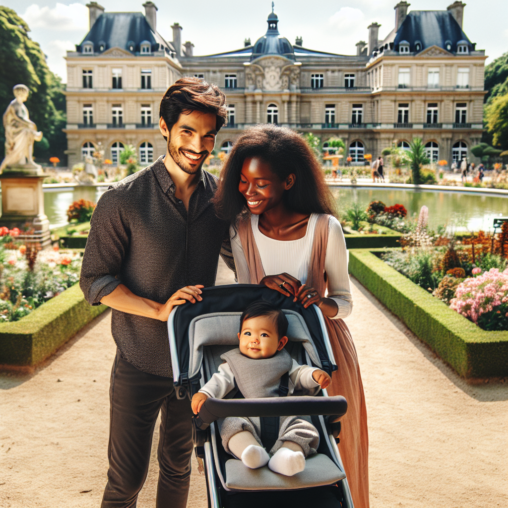 Une famille avec un bébé profitant d'une journée ensoleillée dans les Jardins du Luxembourg à Paris, le bébé est dans une poussette.