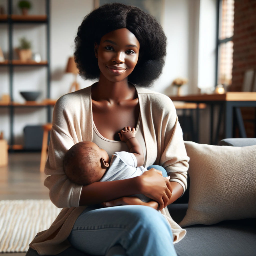 Une femme assise paisiblement dans un salon confortable, tenant un bébé. Elle a l'air confiante et heureuse, reflétant l'indépendance et l'auto-suffisance. L'arrière-plan montre un espace bien organisé, soulignant un environnement familial stable et favorable.