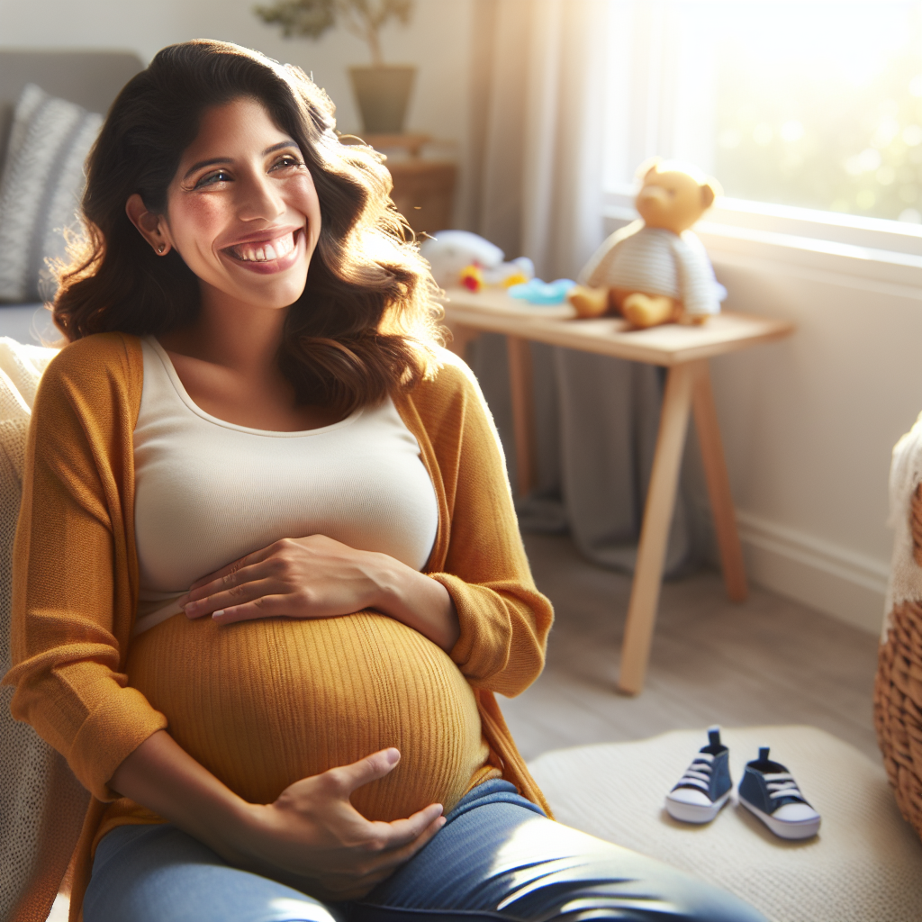 Une femme enceinte souriante, assise dans une pièce confortable en tenant doucement son ventre.