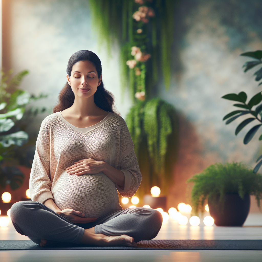 Une femme enceinte pratiquant le yoga prénatal dans un environnement calme et paisible.