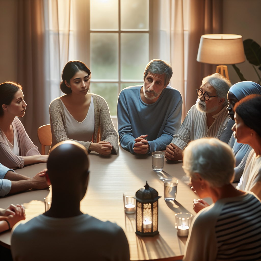 Une séance de médiation paisible dans un cadre familial où des personnes discutent calmement pour résoudre des conflits.