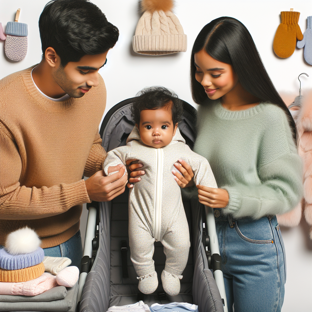 Un couple jeune habillant leur bébé chaudement pour l'hiver avec plusieurs couches de vêtements.