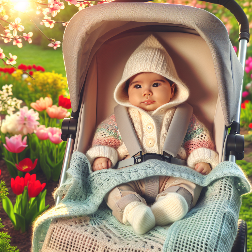 Bébé habillé pour le printemps, avec plusieurs couches de vêtements et une couverture légère, en extérieur