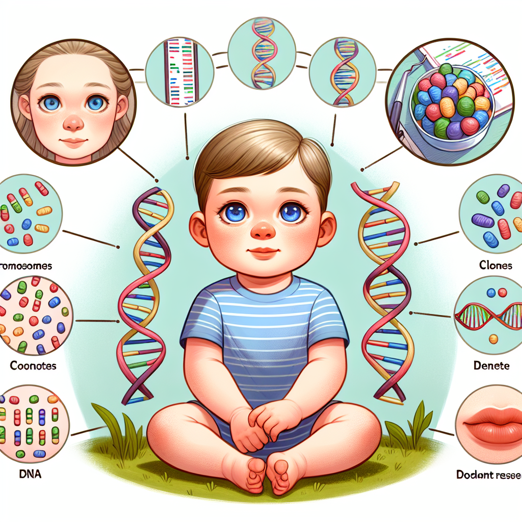 Un bébé montrant des traits physiques hérités de ses parents, avec des éléments génétiques tels que des chromosomes et des brins d'ADN.