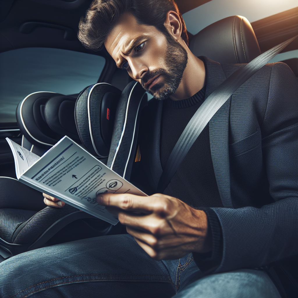 Parent lisant attentivement le manuel d'installation d'un siège auto à l'intérieur d'une voiture pour s'assurer que le siège correspond au modèle de la voiture.