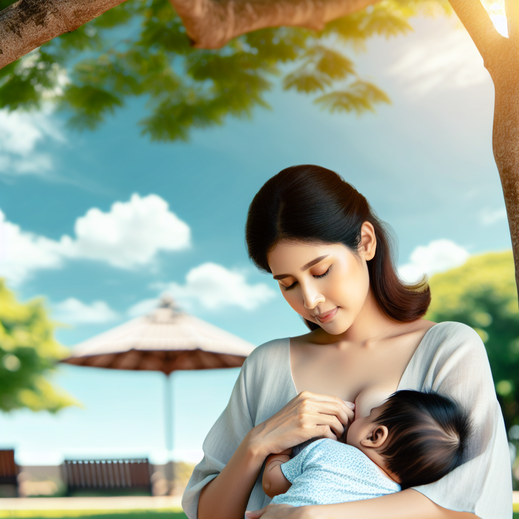 Une mère attentionnée allaitant son bébé à l'ombre d'un arbre par une chaude journée d'été, garantissant que le bébé reste hydraté. La scène est calme et apaisante, avec un ciel d'été clair en arrière-plan.