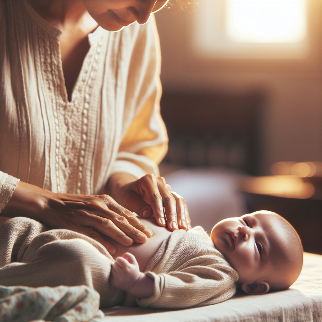 Une maman massant doucement le ventre de son bébé pour soulager les gaz.