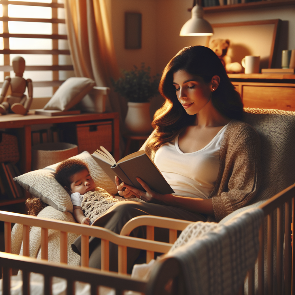 Une mère se relaxant dans une chaise confortable en lisant un livre pendant que son bébé dort paisiblement dans un berceau à côté d'elle, dans un environnement domestique calme et chaleureux.