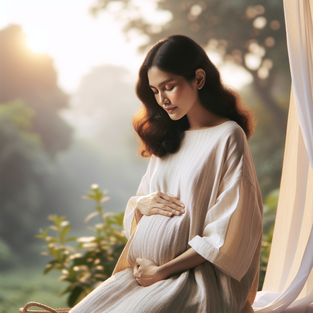 Une future maman, plaçant doucement ses mains sur son ventre, ressent les premiers mouvements de son bébé.