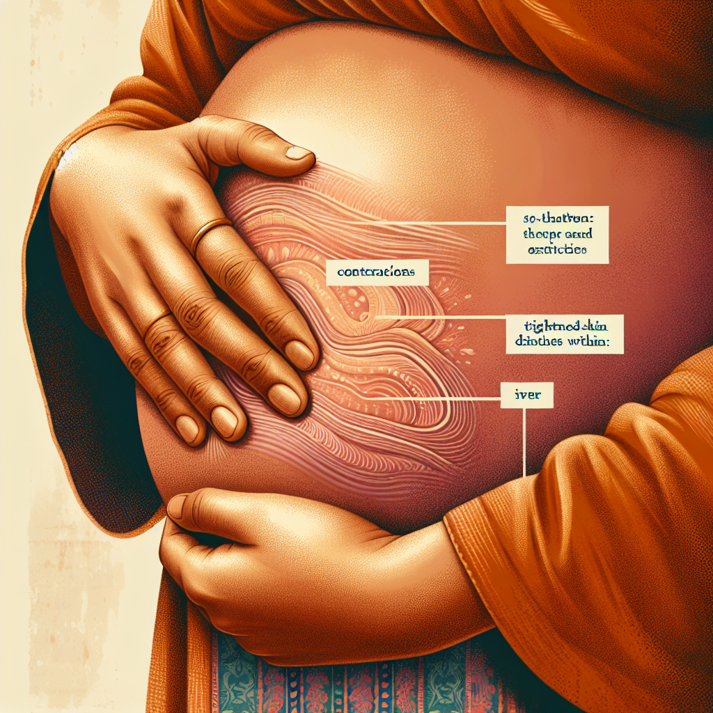 Vue de côté du ventre d'une femme enceinte avec une main douce tenant l'abdomen, illustrant la différence entre les contractions et les mouvements du bébé.