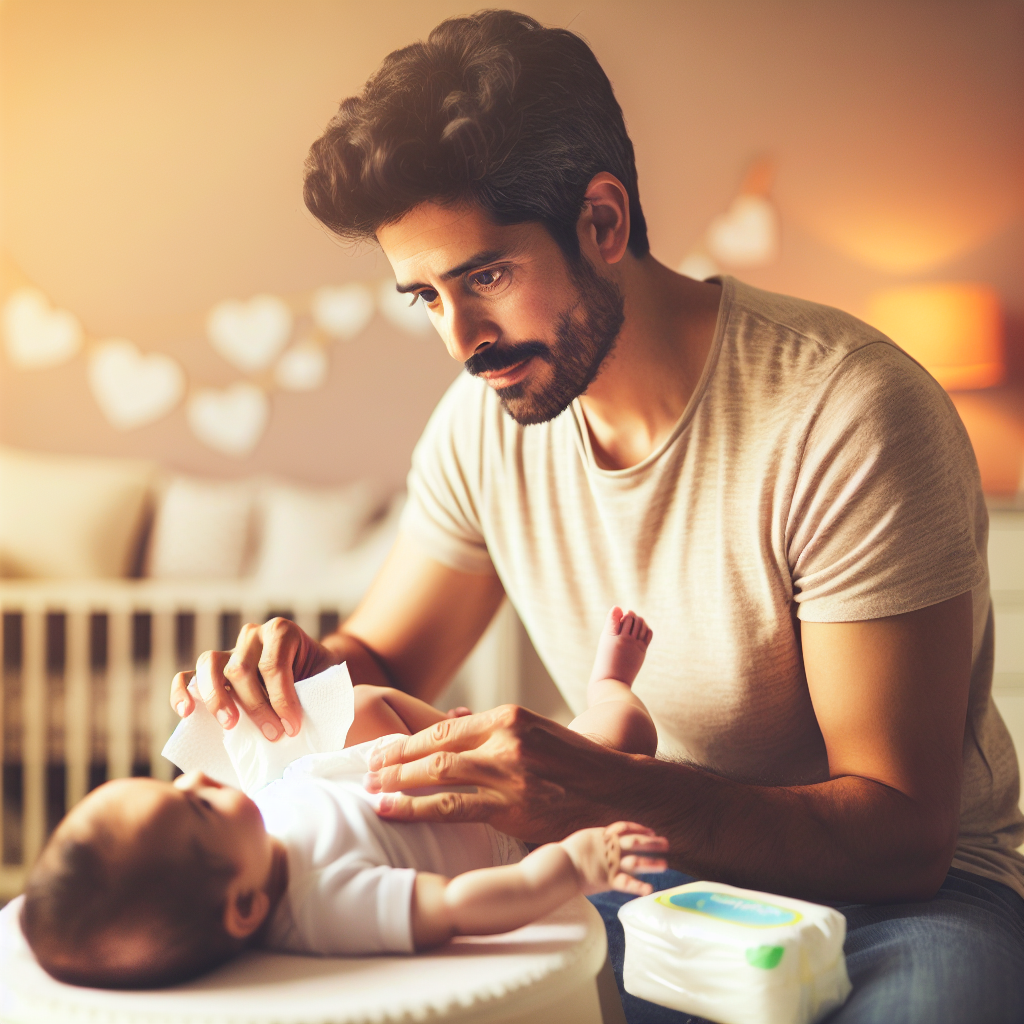 Papa changeant la couche de son bébé dans un environnement sécurisé et paisible.