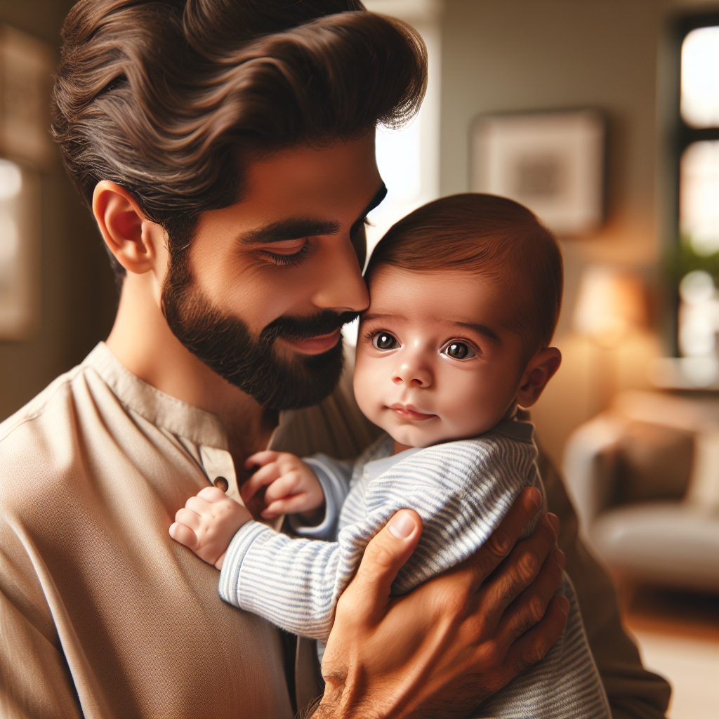 Un père tenant son bébé dans ses bras avec affection, montrant une légère ressemblance entre leurs visages, dans un cadre de maison chaleureux.