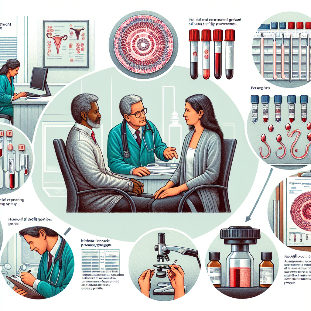 Illustration du parcours médical pour la fertilité, incluant consultation initiale avec un gynécologue, tests sanguins et hormonaux, et suivis réguliers.