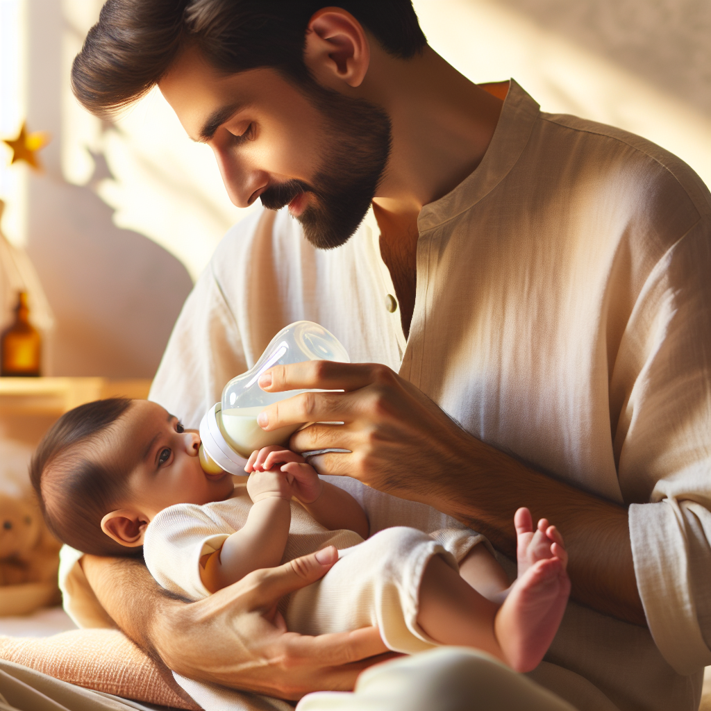 Un parent donne le biberon à un bébé dans une chambre douillette, engageant délicatement avec le bébé pour le garder éveillé en lui parlant et en lui chatouillant doucement le pied.