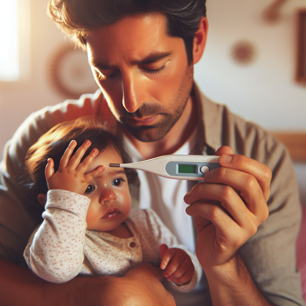 Un parent concerné prenant la température d'un bébé irritable touchant sa tête.